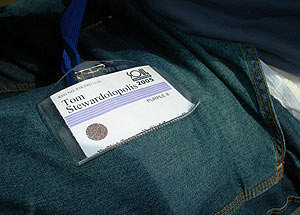 Tom's name badge